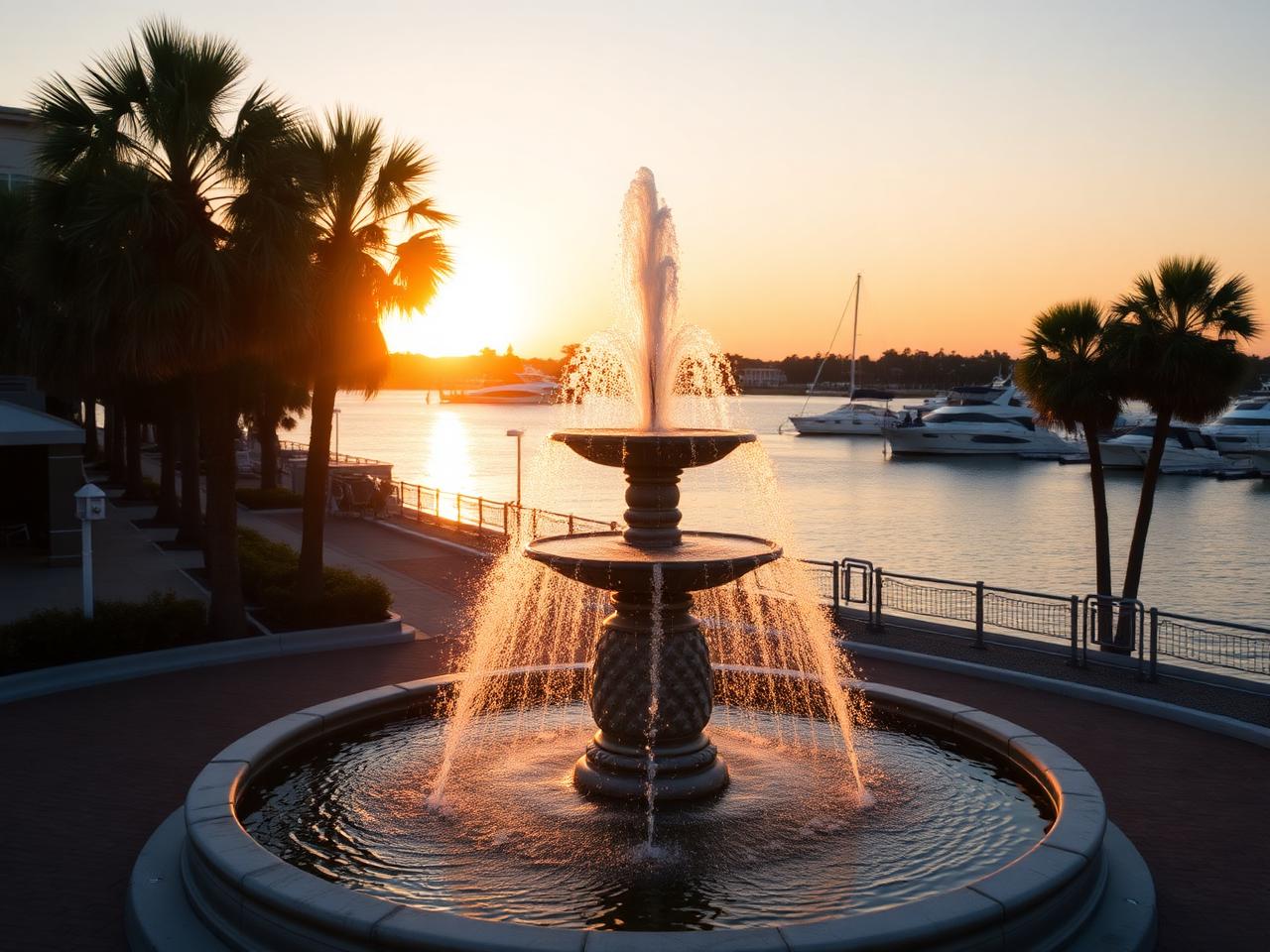 Charleston, South Carolina waterfront with palmetto trees and the iconic pineapple fountain at golden hour